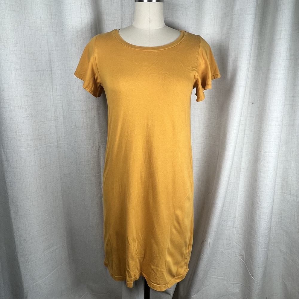 T La Anthropologie T-Shirt Dress Small 100% Cotton Mustard Yellow Flutter Sleeve